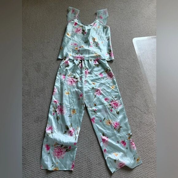 Oscar de la Renta Floral Satin Pajama Set - Light Blue and Pink - Picture 2 of 7